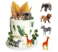 Morofme Lot de 20 décorations réalistes pour gâteau aux animaux de la jungle safari,Palmier doré,Feuilles d'eucalyptus,Lion, girafe,Figurines,Décoration de gâteau pour fête de safari jungle sauvage