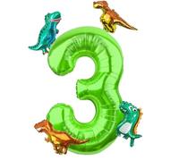 Morofme Lot de 3 ballons en forme de chiffre dinosaure 101 cm avec 4 ballons dinosaures verts - Ballons à l'hélium en forme de chiffre 3 - Pour anniversaire, décoration de fête sur le thème de la