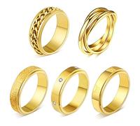 MOROYA Lot de 5 bagues anti-anxiété en acier inoxydable plaqué or 18 carats avec chaîne papillon incrustée de zircones cubiques pour homme et femme, 11, Acier inoxydable, or 18 carats, Zircon