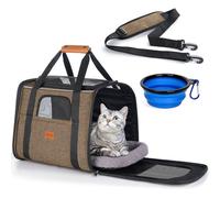 Morpilot Sac Transport Chat, Sac Transport Chien Respirant et Pliable, Caisse de Transport Chat avec Bandoulière Réglable, Cage Transport Chat avec Matelas en Peluche Amovible+Bol
