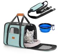 Morpilot Sac Transport Chat, Sac Transport Chien Respirant et Pliable, Caisse de Transport Chat avec Bandoulière Réglable, Cage Transport Chat avec Matelas en Peluche Amovible+Bol