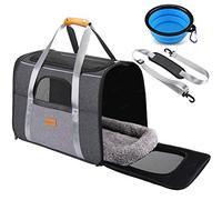 morpilot Sac Transport Chat, Sac Transport Chien Respirant et Pliable, Caisse de Transport Chat avec Bandoulière Réglable, Cage Transport Chat avec Matelas en Peluche Amovible + Bol (L (18 x 12,5 x 14 inch), Noir + Gris)