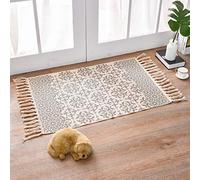 MORROWCAMP Tapis Bohème 90 x 60 cm en Coton Lavable avec Franges - Motif Géométrique, Antidérapant, Tissé à la Main pour Salon, Chambre, Couloir, Entrée, Cuisine - Déco Chic et Confortable