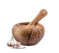 Mortier avec pilon en bois d'olivier - Fait main avec bord naturel - Mortier de cuisine en bois - Mortier durable pour herbes et épices (Ø 12 cm)