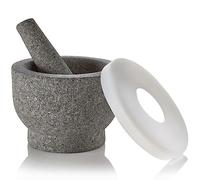 Mortier et pilon en granit de 15,2 cm - Molcajete en granit non poli d'une capacité de 2 tasses avec couvercle en silicone - Broyeur et broyeur pour mélanger, mélanger, broyer, servir,
