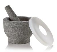 Mortier et pilon en granit - Pilon en pierre antidérapant et bol profond avec couvercle en silicone - Broyeur pour pilules, comprimés, vitamines ou comme herbe Molcajete pour salsa guacamole et plus