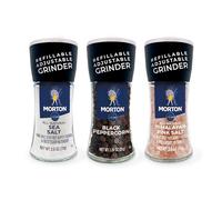 Morton Lot de 3 moulins à sel rose de l'Himalaya (70,9 g), sel de mer (70,9 g) et poivre noir (34 g), broyeurs réglables et rechargeables, parfaits pour la cuisine, l'assaisonnement et la finition