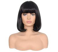 Morvally Perruque Casquet Court Lisse Cheveux Résistant à la Chaleur avec Frange Chanfreinée Perruques Quotidiennes pour Costume Cosplay (14", 2# Noir)