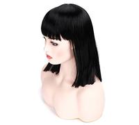 Morvally Perruque courte et raide avec frange plate - Aspect naturel - Résistante à la chaleur - Pour cosplay - 35,6 cm - Noir naturel