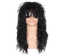 Morvally Perruque pour homme style années 80 - Cheveux longs et bouclés - Noir - Parfait pour Halloween, cosplay, fête costumée