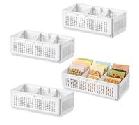 Morvexa Paniers de rangement pliables lot de 4 avec séparateurs,empilables | Plastique, pour placard et bureau, parois ajourées favorisant l’aération, format blanc compact pour petits accessoires