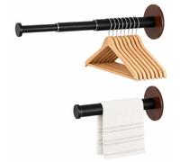 Morvexa Rangement Cintres Mural Lot de 2, Barre Extensible sans Perçage | Acier carbone, balcon/salle d’eau/entrée, 3 sections télescopiques, base effet bois, embouts ronds, sacs & serviettes
