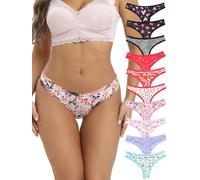 Morvia Lot de 10 strings sexy en dentelle contrastée avec imprimé floral pour femme, Lot de 10 Rouge et Noir, Medium