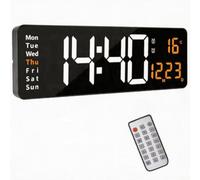 Morwealth 16" Grande Horloge Murale numérique, Horloge numérique LED luminosité réglable avec télécommande,Timing et Compte à rebours avec Date/Semaine/température pour Chambre,Salon (Orange)