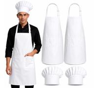 Morwealth 2PCS Blanc Tablier Cuisine Homme hommes et 2PCS toque,Imperméable réglable Tablier aux graisses avec 3 poches, lavable en machine,de couleur résistante Tablier cuisine cuisson BBQ