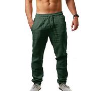 MorwenVeo Pantalon décontracté en lin pour homme avec cordon de serrage - Pantalon d'été léger et ample - Taille élastique, Vert foncé, Taille XL