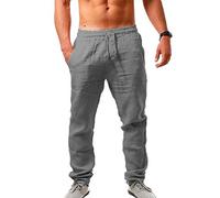 MorwenVeo Pantalon décontracté en lin pour homme avec cordon de serrage - Pantalon d'été léger et ample - Taille élastique, gris, Taille 4XL