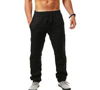 MorwenVeo Pantalon long décontracté en lin pour homme - Pantalon ample et léger avec cordon de serrage pour yoga et plage - 6 couleurs, Noir, 4XL