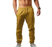 MorwenVeo Pantalon long décontracté en lin pour homme - Pantalon ample et léger avec cordon de serrage pour yoga et plage - 6 couleurs, jaune, Taille 4XL