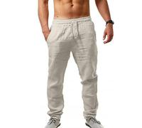 MorwenVeo Pantalon long décontracté en lin pour homme - Pantalon ample et léger avec cordon de serrage pour yoga et plage - 6 couleurs, beige, Taille S