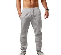 MorwenVeo Pantalon long décontracté en lin pour homme - Pantalon ample et léger avec cordon de serrage, pantalon de yoga ou de plage - 6 couleurs, Gris pastel, Taille L