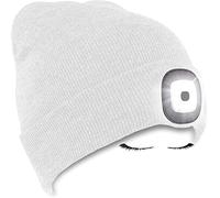 Morye Bonnet éclairé par LED, Bonnet de Phare Rechargeable par USB Mains Libres 4 LED, Chapeaux de Nuit en Tricot d'hiver Unisexe avec lumière pour Hommes, Femmes/Blanc