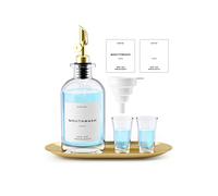 Moryimi Distributeur de bain de bouche en verre de 473 ml pour salle de bain, récipient de bain de bouche avec bec verseur, distributeur de bain de bouche réutilisable avec tasses, plateau doré et