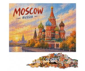 Moscow Russia St. Basil's Cathedral Illustrat Puzzle en Bois, 1000 pièces | Un loisir d'intérieur concentré - une méthode de montage claire à la maison.