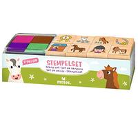 Moses - Chevaux - Lot de 8 tampons différents pour enfants - Tampons en bois - Avec encreur quatre couleurs - Dans un coffret cadeau pratique avec fenêtre de visualisation