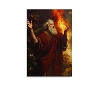 Moses Standing Barefoot before the Burning Bush, His Hands Raised in Awe as Divine Fire Reflects in His Ancient Eyes. Décoration murale contemporaine - Poster décoratif à suspendre 20 x 30 cm