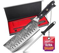 MOSFiATA Couteau damassé Nakiri - 17,8 cm - Couteau de chef - Couteau de cuisine en acier damassé - Couteau japonais tranchant - Couteau à viande professionnel - Avec protège-doigts - Idéal comme