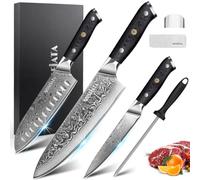 MOSFiATA Set 3 Couteaux Damas Pro (Chef 8" + Santoku 7" + Utilitaire 5"), VG-10, Protège-doigts, Bâton Aiguisage, Coffret Cadeau
