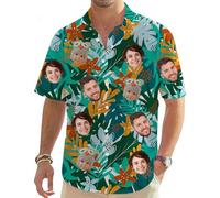 MOSGDBV Chemise hawaïenne Personnalisable - Homme & Femme Chemise à Fleurs Tropicale Hippie à Manches Courtes avec Photo - Chemise boutonnée personnalisée,Idéale pour Les Vacances, la Plage