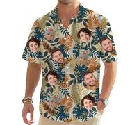 MOSGDBV Chemise hawaïenne Personnalisable - Homme & Femme Chemise à Fleurs Tropicale Hippie à Manches Courtes avec Photo - Chemise boutonnée personnalisée,Idéale pour Les Vacances, la Plage