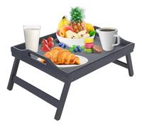 Mosii Plateau de lit en bambou gris avec poignées et pieds pliables, plateau multifonction et bureau debout pour petit déjeuner au lit, canapé, manger, dessin, ordinateur portable et plateau à goûter