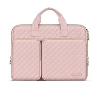 MOSISO 360 Protecteur Housse Ordinateur Portable,Compatible avec MacBook Air/Pro 13/Pro 14,HP Dell ASUS Lenovo,13-13,3" Notebook,Carré Matelassé Sac avec 2 Poche&Poignée&Ceinture,Rose Craie