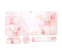MOSISO Repose-Poignet Clavier Kit,Grand Tapis de Souris de Jeu&Tapis de Souris&Repose-Poignet&Sous-verre,Ergonomique Antidérapant à Pétales D'encre avec Doublure Silicone pour Bureau à Domicile,Rose
