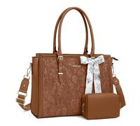 MOSISO Sac Ordinateur Femme 15-15,6 Pouces,Sac Fourre-tout en Cuir PU Compatible avec MacBook,HP,Dell,Asus,Sac PC Portable Rétro Hibiscus Gaufré avec Écharpe Soie&Pochette,Marron