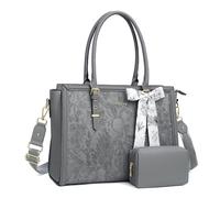 MOSISO Sac Ordinateur Femme 17-17,3 Pouces avec Écharpe Soie&Pochette | Sac Fourre-tout Cuir PU Compatible avec MacBook,HP Dell Asus,Sac PC Portable Rétro Hibiscus Gaufré,Gris