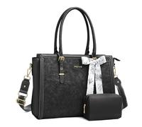 MOSISO Sac Ordinateur Femme 17-17,3 Pouces avec Écharpe Soie&Pochette | Sac Fourre-tout Cuir PU Compatible avec MacBook,HP Dell Asus,Sac PC Portable Rétro Hibiscus Gaufré,Noir