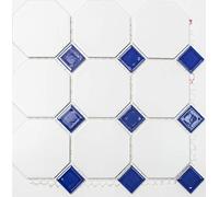 MOSOcta-180_f Lot de 10 tapis mosaïque en céramique octagonal blanc mat bleu cobalt brillant