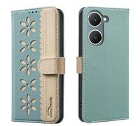 Mosoris Coque pour Vivo Y03 4G en Cuir Housse Premium PU Étui Portefeuille Anti - Chute et Anti - Choc Cover en Cuir PU Wallet avec Pétales Vintage TPU Flip Case Vert