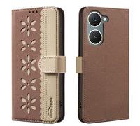 Mosoris Coque pour Vivo Y03 4G en Cuir Housse Premium PU Étui Portefeuille Anti - Chute et Anti - Choc Cover en Cuir PU Wallet avec Pétales Vintage TPU Flip Case Brun