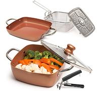 Moss & Stone Copper Chef Cookware Lot de 6 poêles à frire profondes antiadhésives 24,1 x 8,9 cm, panier à frire, grille vapeur, passe au lave-vaisselle et au four, casserole carrée profonde de 5 l et