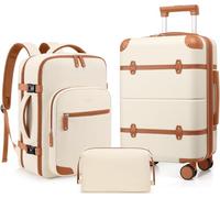 Mosslly Lot de 3 valises extensibles et légères 100 % polycarbonate avec sac à dos, valise de voyage avec double roulettes, serrure TSA, poignée télescopique, beige, 20 Inch Set, Moderne