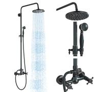 MOSSON Système de douche à effet pluie en bronze huilé avec pommeau de douche à effet pluie de 20,3 cm, pulvérisateur à main 2 poignées croisées, fixation murale pour salle de bain, laiton massif