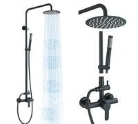MOSSON Système de douche d'extérieur noir mat avec pommeau de douche à effet pluie de 20,3 cm, pulvérisateur à main à poignée unique, robinet de douche mural en acier inoxydable 304 pour salle de bain