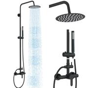 MOSSON Système de douche d'extérieur noir mat avec pommeau de douche à effet pluie de 20,3 cm, pulvérisateur à main à poignée unique, robinet de douche mural en acier inoxydable 304 pour salle de bain