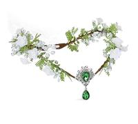 MOSTORY Couronne de fée des bois pour femme, coiffe elfe florale avec perle et pendentif vert pour fête de la Renaissance, cosplay, séance photo