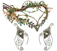 MOSTORY Ensemble d'accessoires de fée médiévale - Couronne Renaissance Woodland et oreilles d'elfe - Protection bras, couronne florale et boucles d'oreilles pour femme